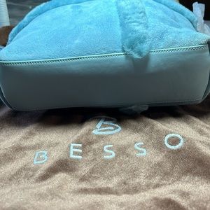 Ladies, faux fur, suede/leather handbag. Powder, blue in good condition.